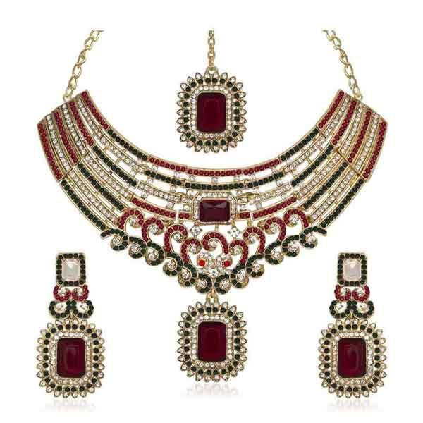 Kriaa Austrian Stone Gold Plated Necklace Set With Maang Tikka