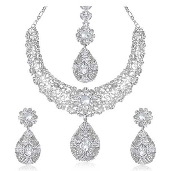 Kriaa Silver Plated Austrian Stone Necklace Set With Maang Tikka - 1105313