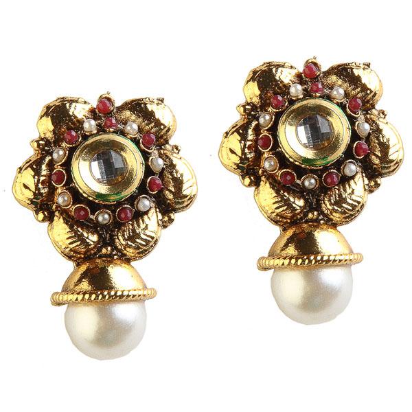 Kriaa Red Pota Stone Antique Gold Plated Dangler Earrings - 1301911