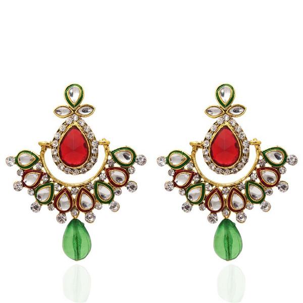 The99Jewel Red & Green Stone Meenakari Chandbali Earrings - 1304811