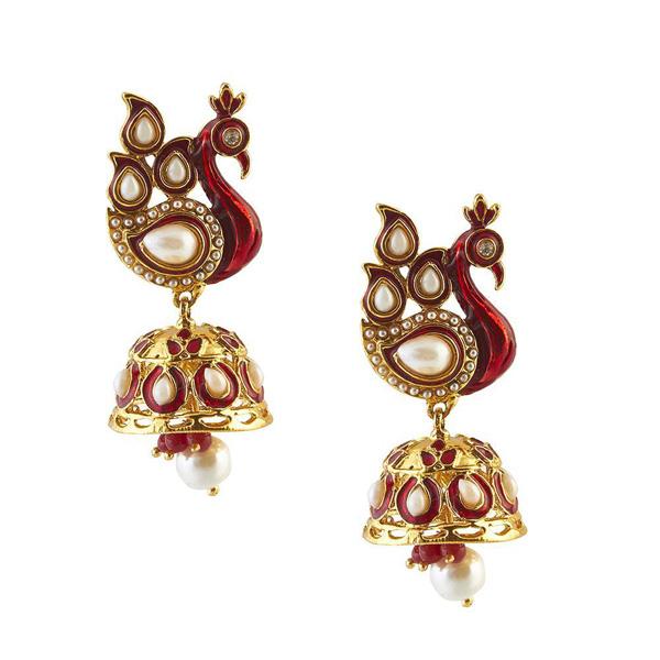 The99jewel Red Meenakari Pearl Drop Peacock Jhumki Earrings - 1304821