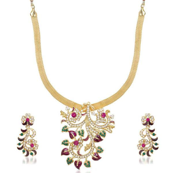 Kriaa Pink Stone Leaf Design Necklace Set - 2101305