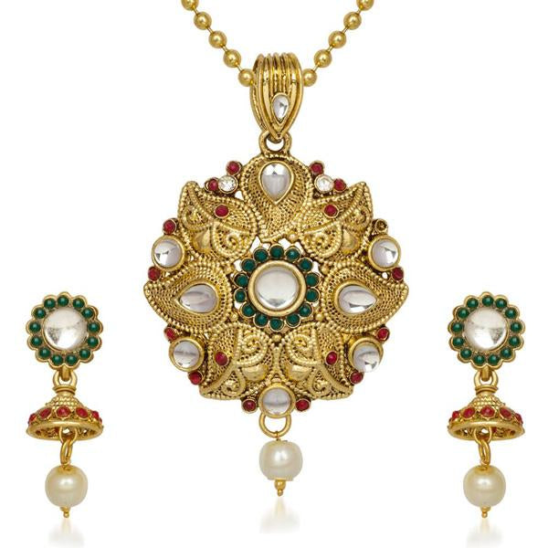 Kriaa Gold Plated Maroon Pota Stone Pendant Set