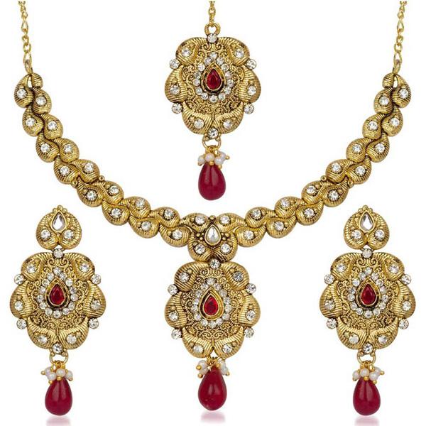 Kriaa Pink Stone Necklace Set With Maang Tikka - 2101901