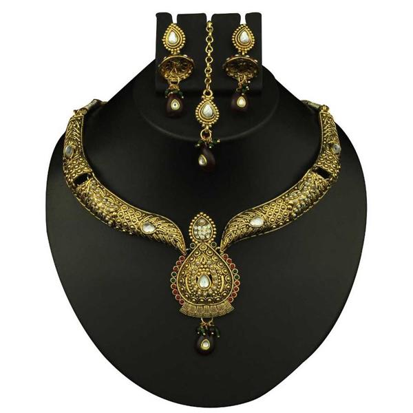Kriaa Maroon Stone Necklace Set With Maang Tikka