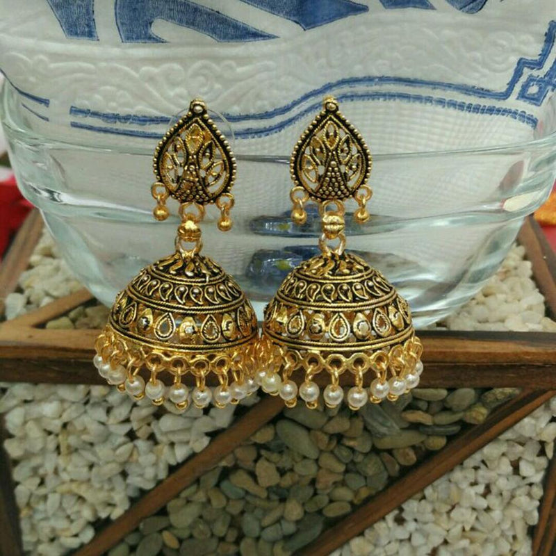 Kriaa Gold Plated Zinc Alloy Pearl Drop Jhumki Earrings - 1308518