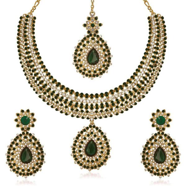 Kriaa Austrian Stone Gold Plated Necklace Set With Maang Tikka - 1105306