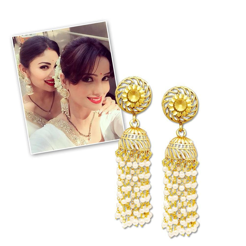 Kriaa Stone And Pearl Gold Plated Jhumki Earrings - 1310520