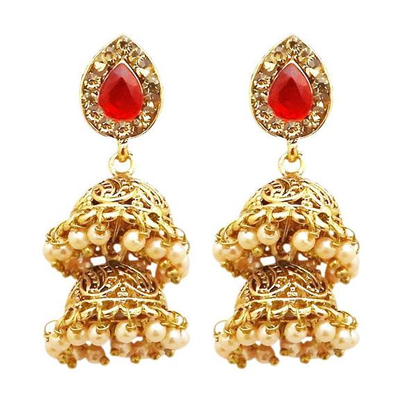 Kriaa Gold Plated Red Austrian Stone Jhumki Earrings - 1311319D