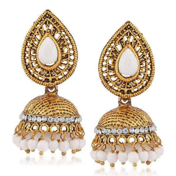 Kriaa White Beads And Stone Gold Plated Jhumki Earrings - 1311508K