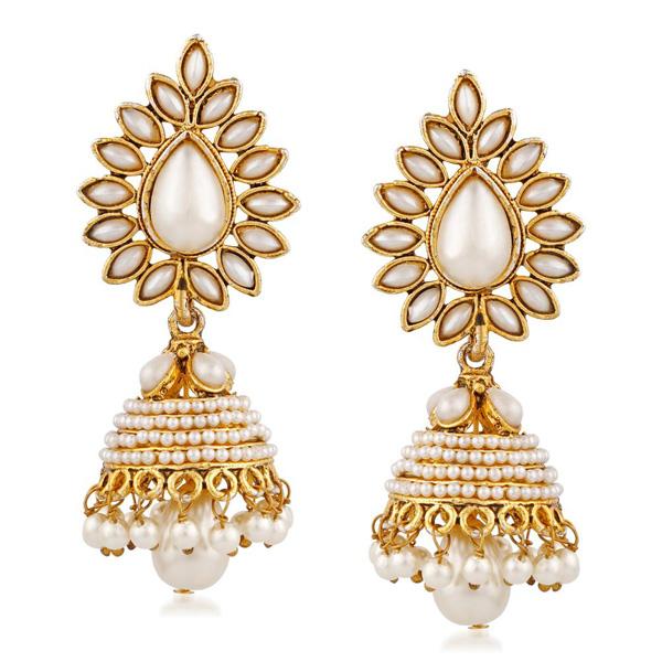 Kriaa White Pota Stone Gold Plated Jhumki Earring - 1311511