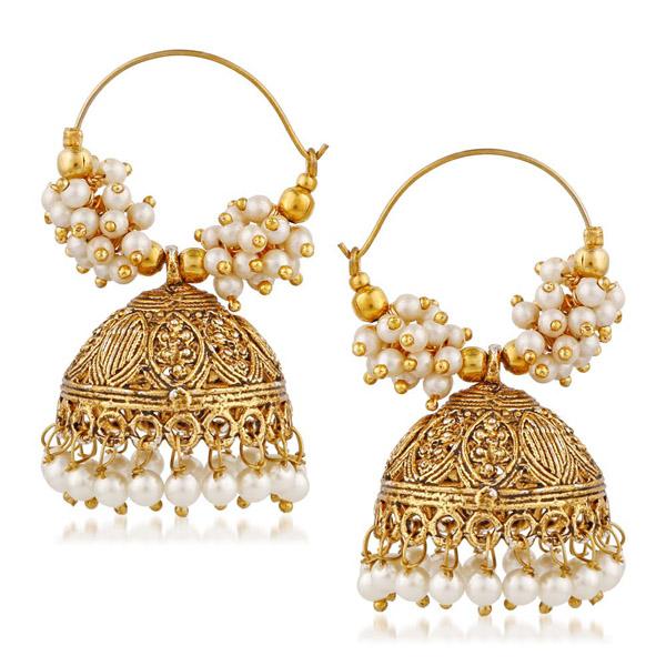 Kriaa White Pearl Stone Gold Plated Jhumki Earring - 1311512