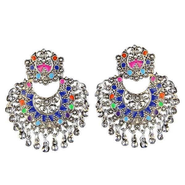 Kriaa Rhodium Plated Multicolor Meenakari Afghani Earrings - 1311902B