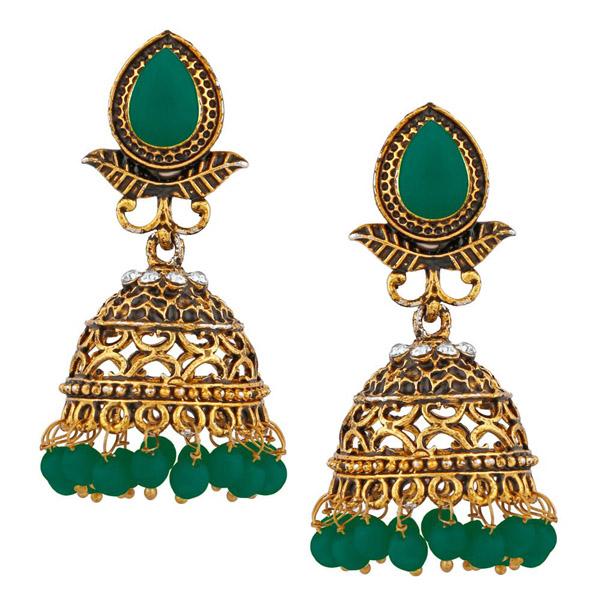 Kriaa Gold Plated Green Beads Jhumki Earrings - 1311510D