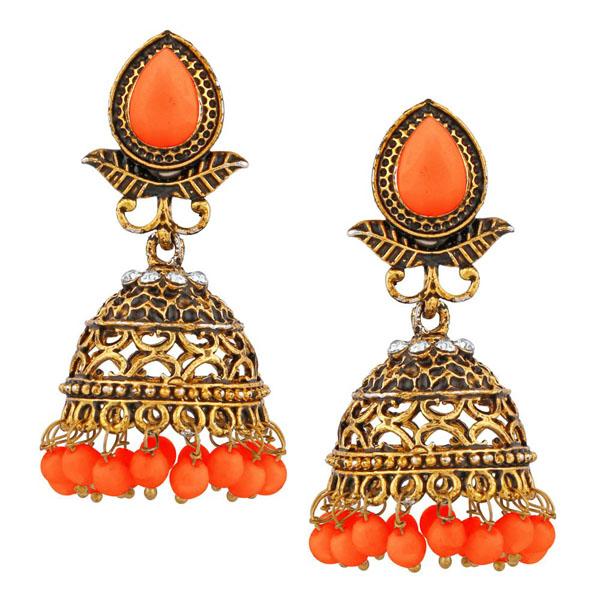 Kriaa Gold Plated Orange Beads Jhumki Earrings - 1311510H