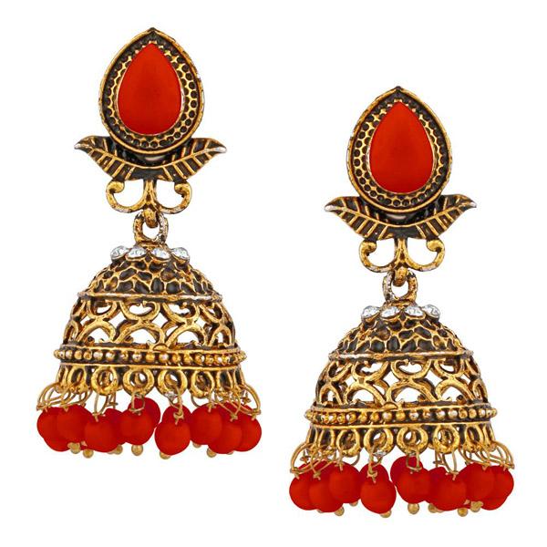 Kriaa Gold Plated Red Beads Jhumki Earrings - 1311510J