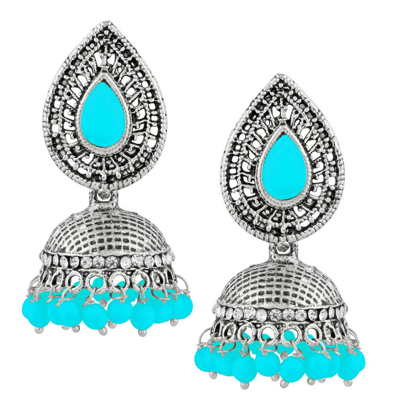 Kriaa Blue Beads And Stone Silver Plated Jhumki Earrings - 1311501A