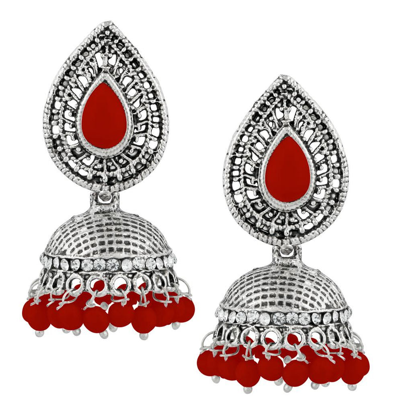 Kriaa Maroon Beads And Stone Silver Plated Jhumki Earrings - 1311501B