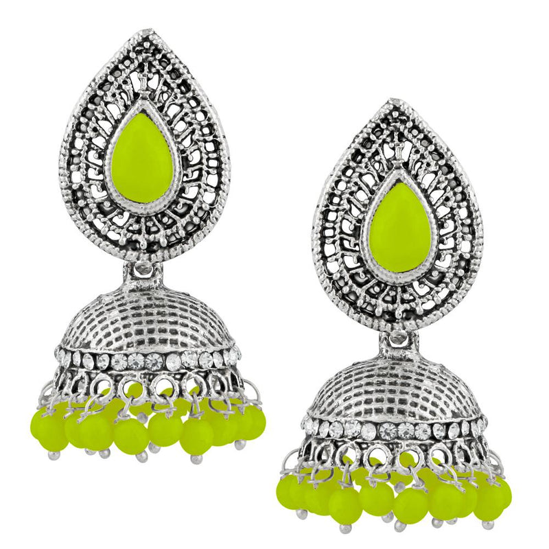 Kriaa Green Beads And Stone Silver Plated Jhumki Earrings - 1311501C