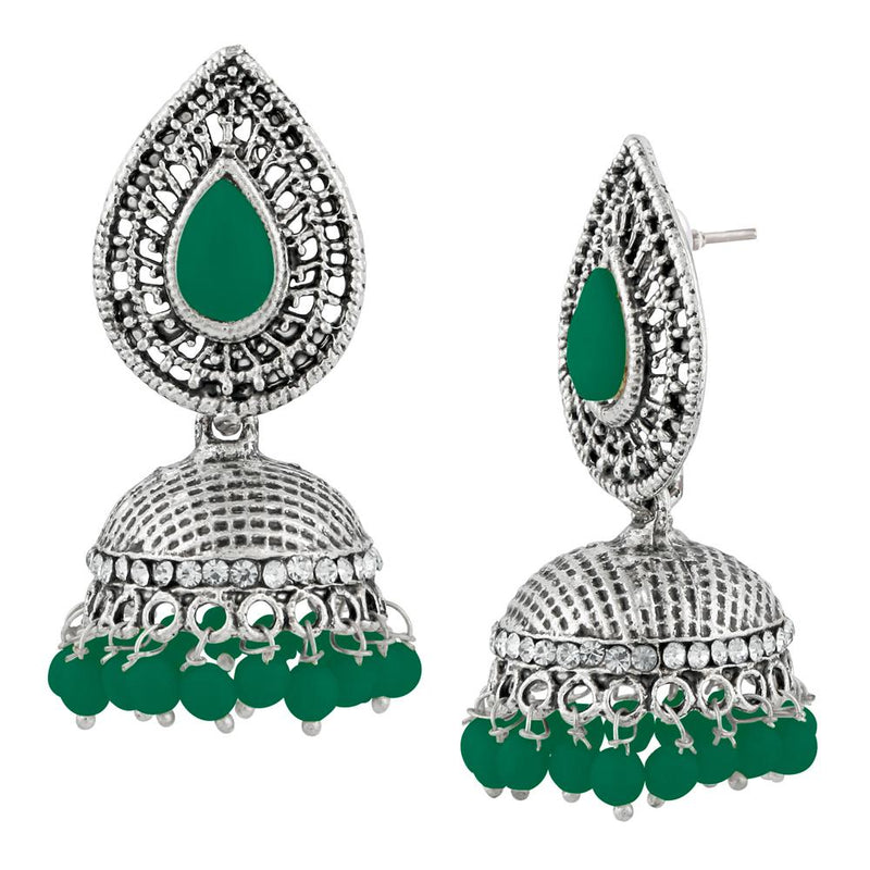 Kriaa Green Beads And Stone Silver Plated Jhumki Earrings - 1311501E