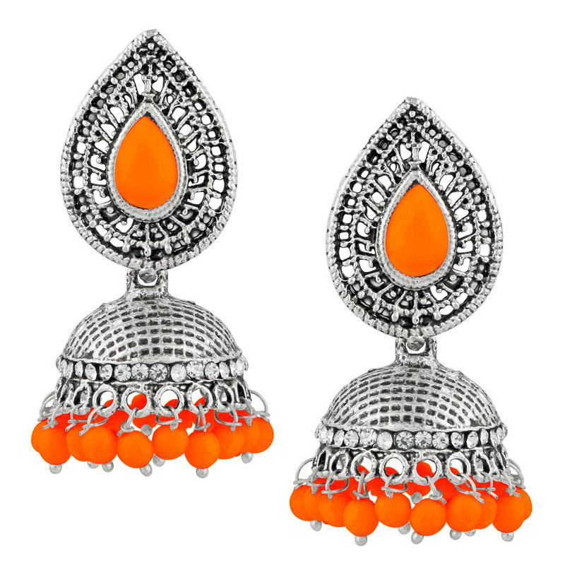 Kriaa Orange Beads And Stone Silver Plated Jhumki Earrings - 1311501F