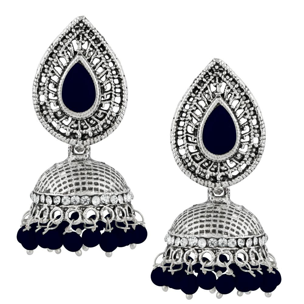 Kriaa Blue Beads And Stone Silver Plated Jhumki Earrings - 1311501H