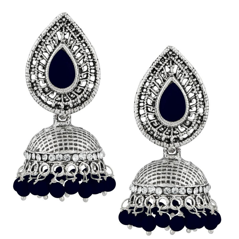 Kriaa Blue Beads And Stone Silver Plated Jhumki Earrings - 1311501H