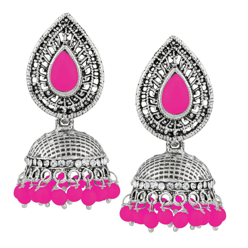 Kriaa Pink Beads And Stone Silver Plated Jhumki Earrings - 1311501I