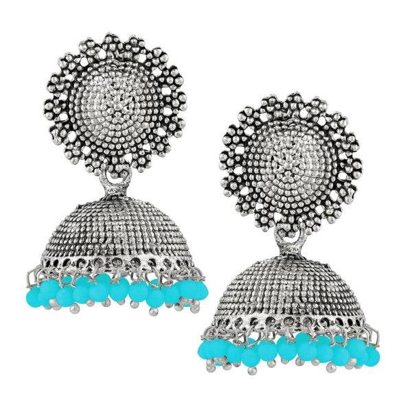 Kriaa Blue Beads Silver Plated Jhumki Earrings - 1311502A