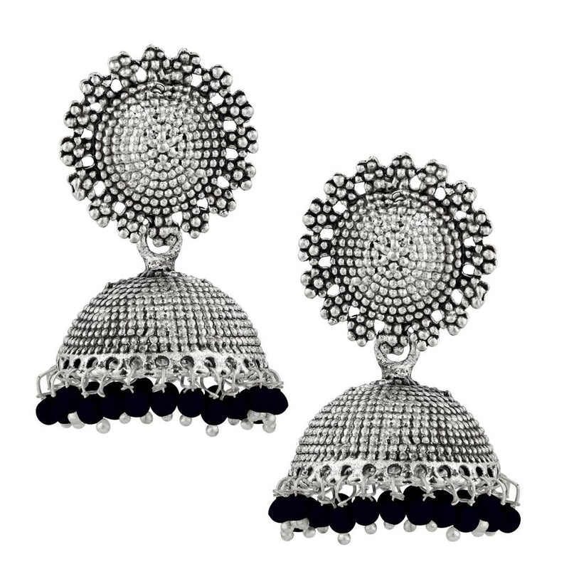 Kriaa Blue Beads Silver Plated Jhumki Earrings - 1311502B