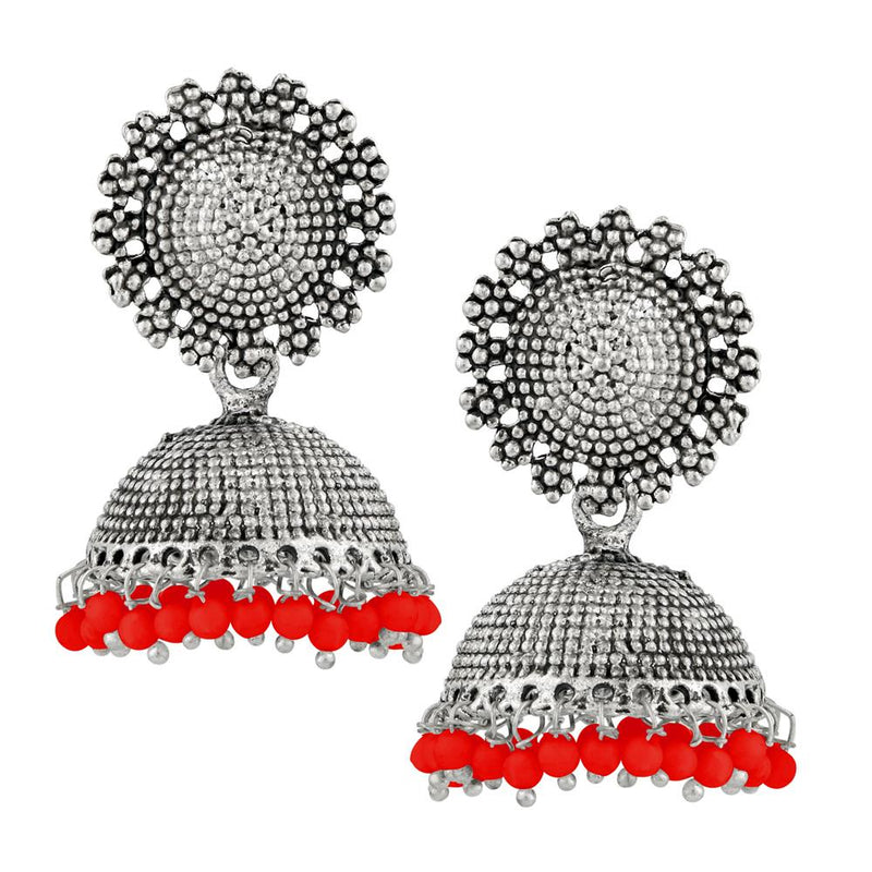 Kriaa Red Beads Silver Plated Jhumki Earrings - 1311502C