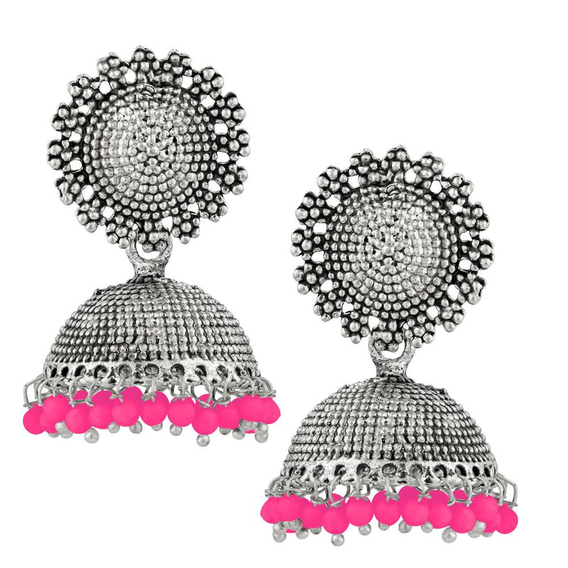 Kriaa Pink Beads Silver Plated Jhumki Earrings - 1311502D