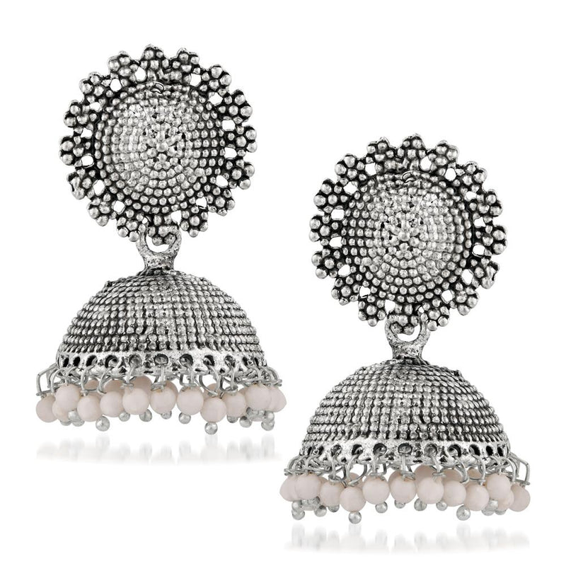 Kriaa White Beads Silver Plated Jhumki Earrings - 1311502G