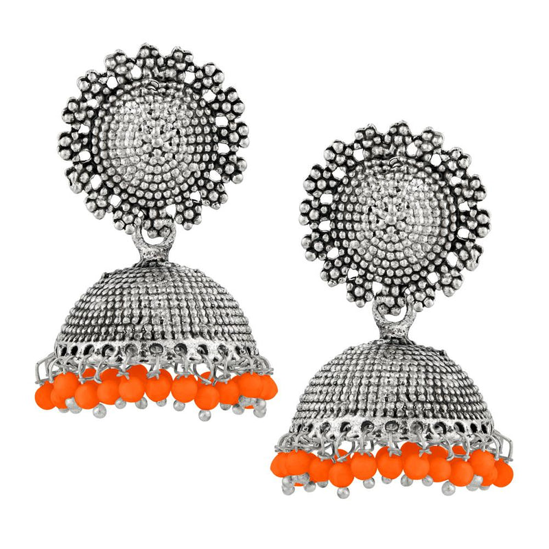 Kriaa Orange Beads Silver Plated Jhumki Earrings - 1311502H