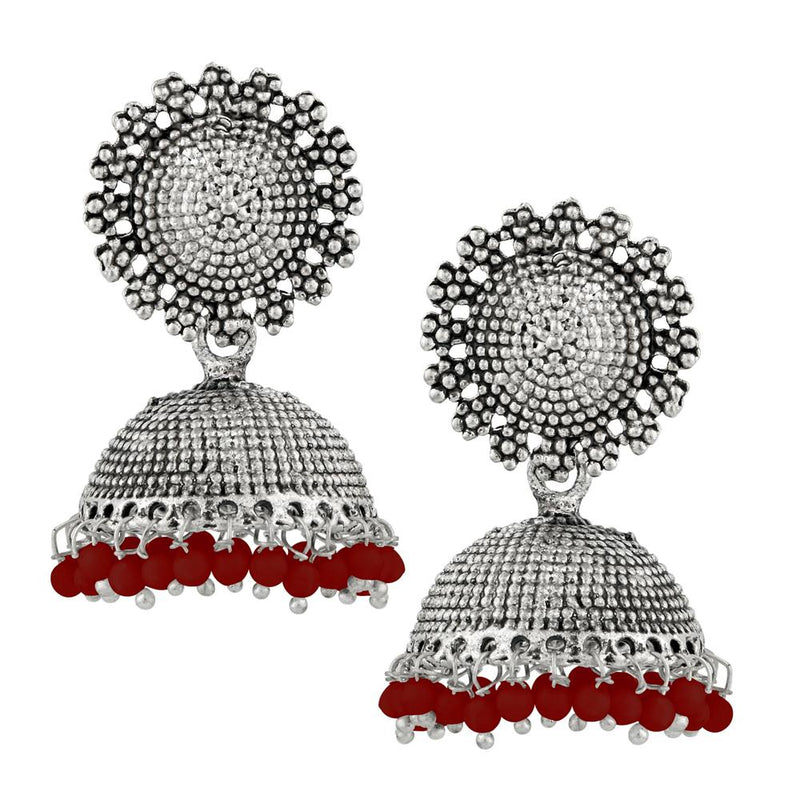 Kriaa Maroon Beads Silver Plated Jhumki Earrings - 1311502J