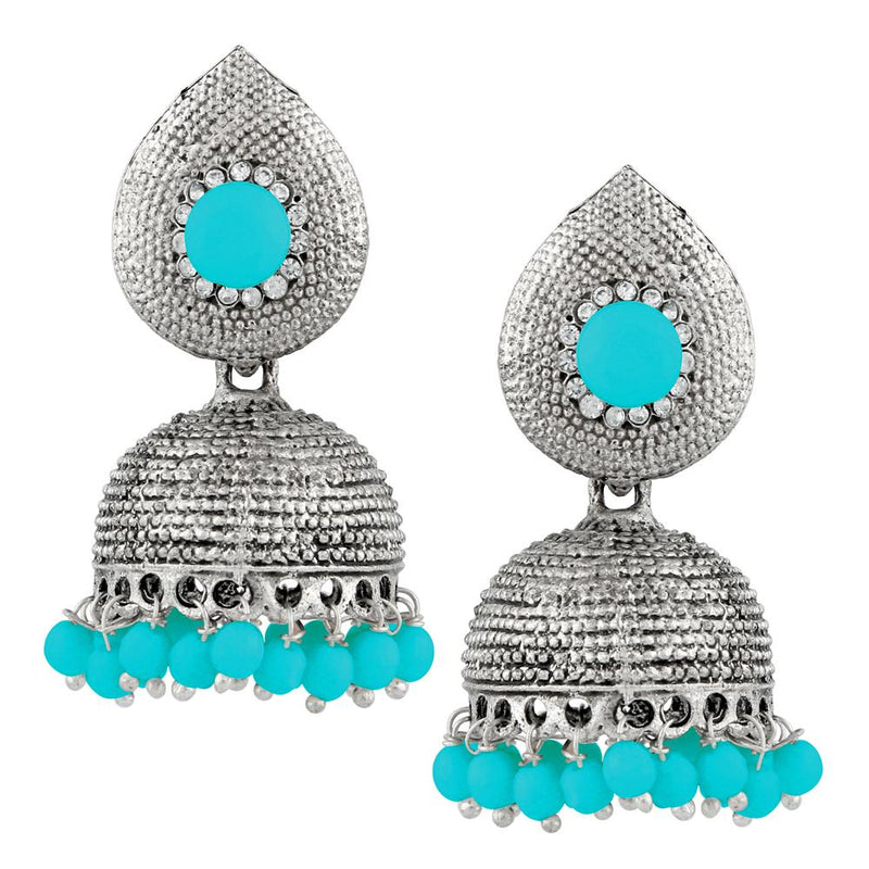 Kriaa Blue Beads Silver Plated Jhumki Earrings - 1311503A