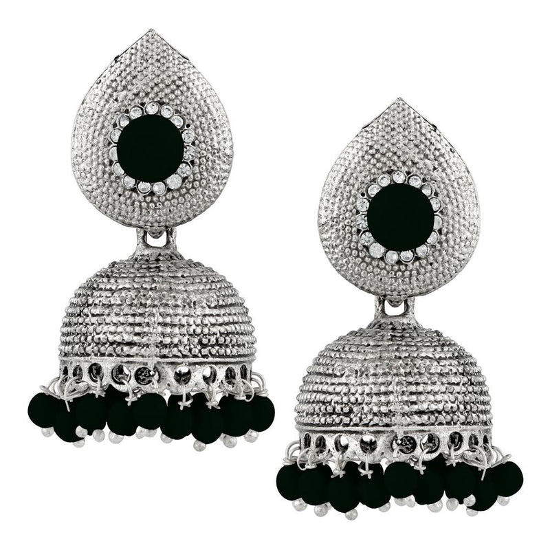 Kriaa Green Beads Silver Plated Jhumki Earrings - 1311503B