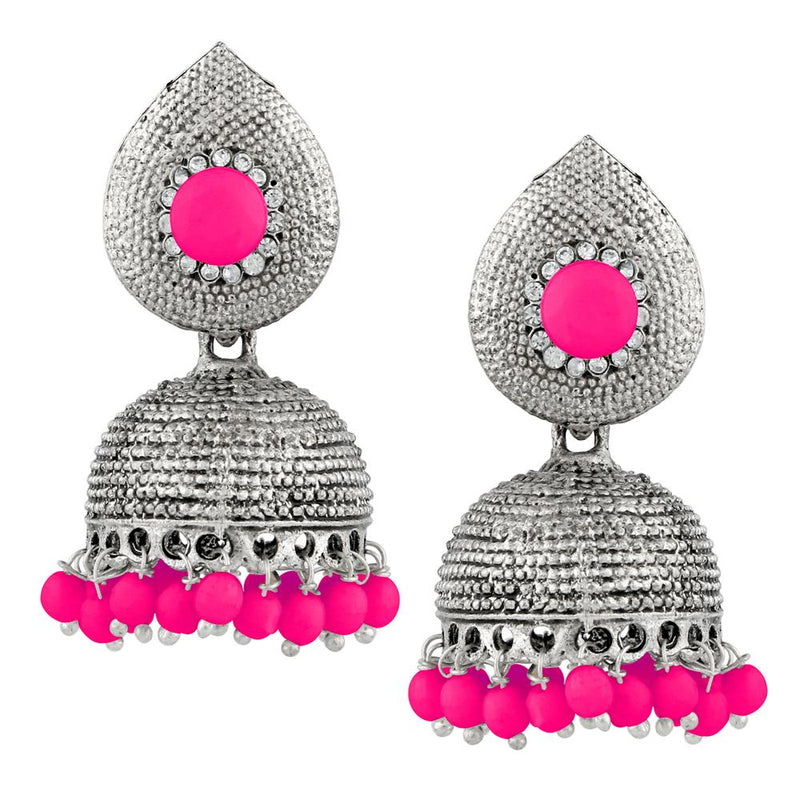 Kriaa Pink Beads Silver Plated Jhumki Earrings - 1311503C