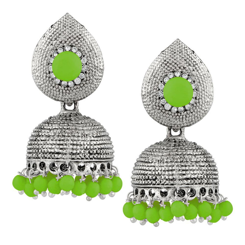 Kriaa Green Beads Silver Plated Jhumki Earrings - 1311503D