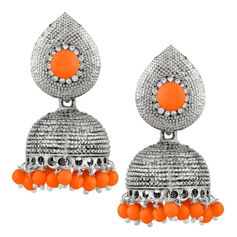 Kriaa Orange Beads Silver Plated Jhumki Earrings - 1311503E