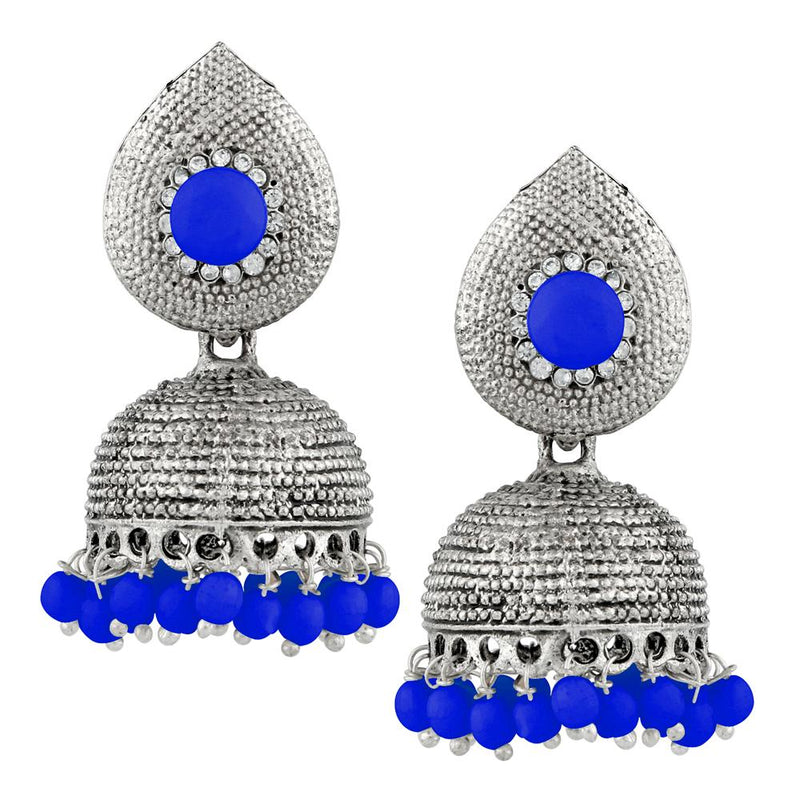 Kriaa Blue Beads And Stone Silver Plated Jhumki Earrings - 1311503F