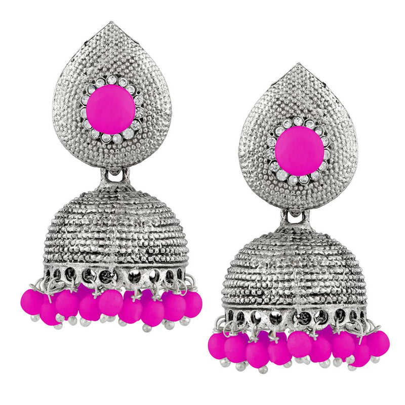 Kriaa Pink Beads And Stone Silver Plated Jhumki Earrings - 1311503G