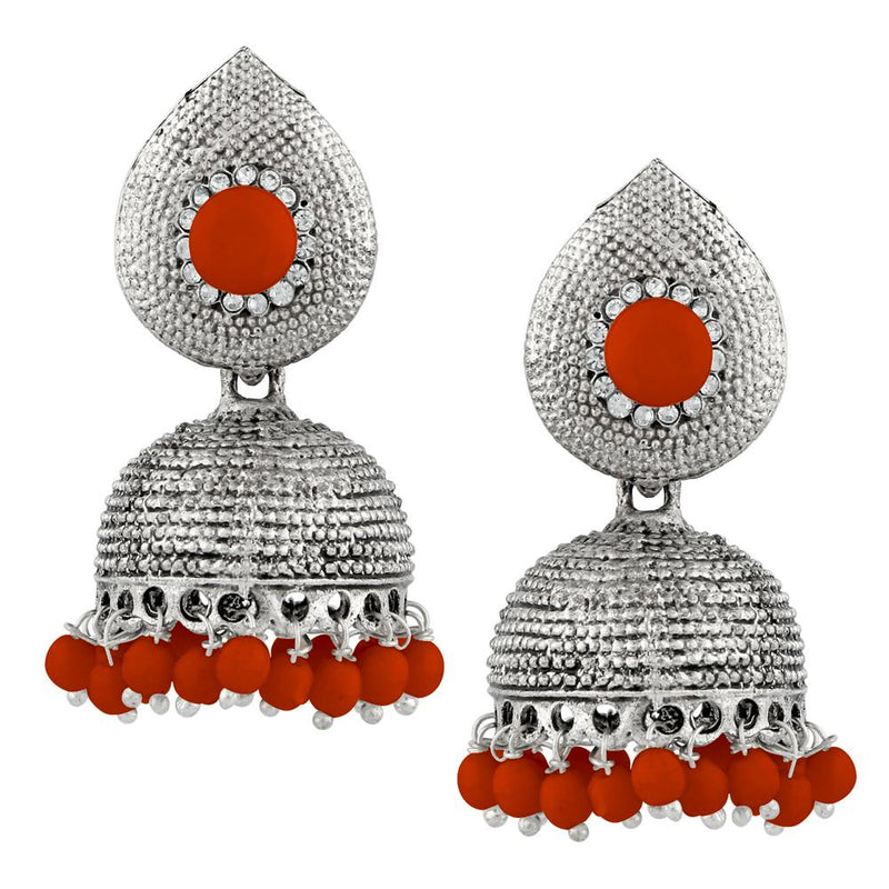 Kriaa Red Beads And Stone Silver Plated Jhumki Earrings - 1311503I