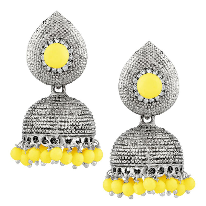 Kriaa Yellow Beads And Stone Silver Plated Jhumki Earrings - 1311503J