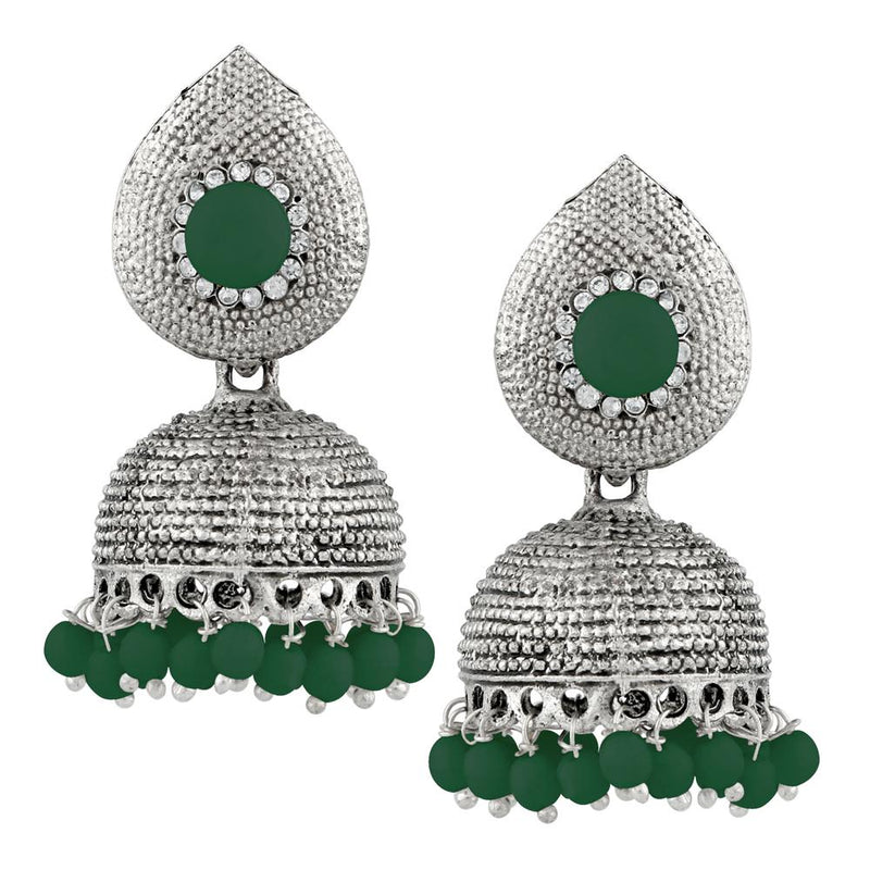 Kriaa Green Beads And Stone Silver Plated Jhumki Earrings - 1311503K