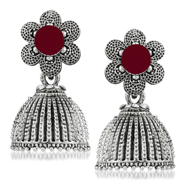 Kriaa Maroon Beads Silver Plated Jhumki Earrings - 1311504I