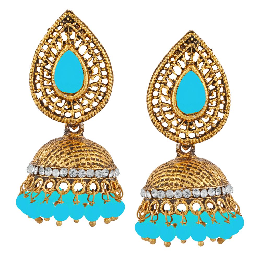 Kriaa Blue Beads And Stone Gold Plated Jhumki Earrings - 1311508A