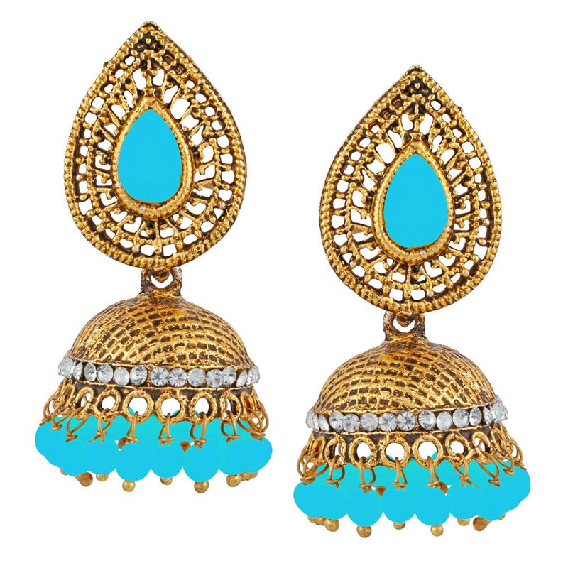 Kriaa Blue Beads And Stone Gold Plated Jhumki Earrings - 1311508A