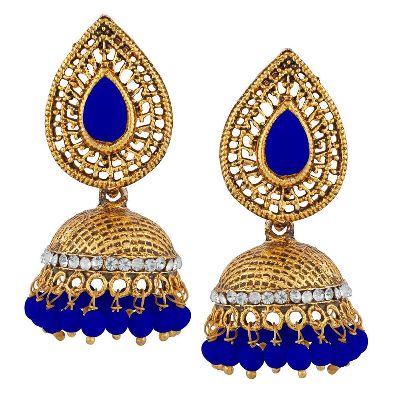 Kriaa Blue Beads And Stone Gold Plated Jhumki Earrings - 1311508H