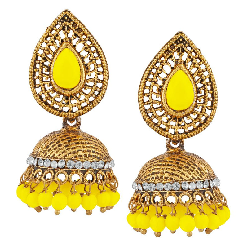 Kriaa Yellow Beads And Stone Gold Plated Jhumki Earrings - 1311508I